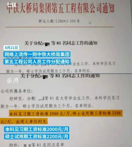 ​硕士试用期月工资2200元？中铁大桥局辟谣